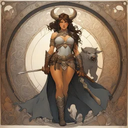 [high res photo by Alphonse Mucha] the back of the Barbarian female warrior who is ready to fight: In the center of the chamber, looming over everything, is a creature that defies description. Its body is a grotesque amalgamation of flesh and bone, twisted and deformed by some unspeakable evil. Its eyes are burning coals, filled with an insatiable hunger that threatens to consume everything in its path. The beast lets out a bone-chilling roar that echoes through the chamber, causing the very sto