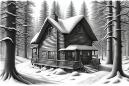 cabin in the woods, snow, sunshine, very detailed black and white pencil drawing