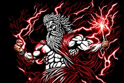 Detailed and realistic illustration of Greek god Zeus holding holding lightning. Black, white, red and gold colors. Engraving style illustration.