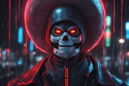 Sans in 8k realistic anime artstyle, neon effect, red, close picture, rain, fantasy world, intricate details, highly detailed, high details, detailed portrait, masterpiece,ultra detailed, ultra quality