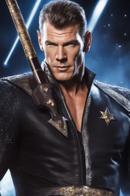 Alan Ritchson/Leonard Nimoy/Paul Stanley/Elvis Presley hybrid as Steven J. Kankels