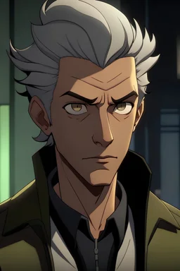 Miguel O'Hara from Spider-Man: Across the Spider-Verse, with a pale complexion and gray eyes. His hair color black.