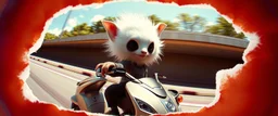 3d airbrush render, white fluffy gnome native panda elf alien dodo on insane fast scooter, pinhole cam, airbrush 3d rendering, in the style of Titian and Dali , torn edges on border