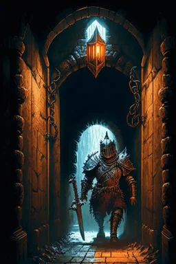 A frightening castle dungeon hallway with an evil knight warrior in rusty chainmail homding an iron chain painterly rpg art