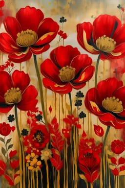 boho painting of RED flowers with metallic gold details