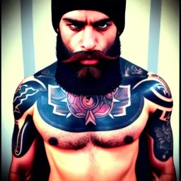 Black Ganesha, beard, angry, tattoo, strong man, beanie