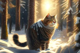 Cat in Wellensteyn coat, winter forest, pine trees, snowing, in sunshine