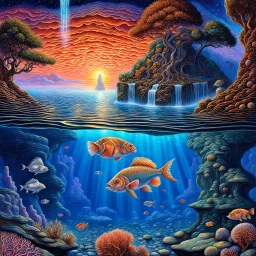 An Trees, waterfalls, and imaginative landscapes. Underwater lake fish. Coral. The sky is decorated with stars and sky waterfalls fantasy, perfect anatomy, fantasy, vibrant digital art professional award winning masterpiece, oil on canvas Atmospheric extremely detailed Josephine Wall