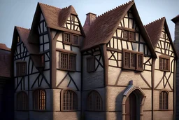 A front profile of a wide old medieval townhouse with two stories and five windows per story, warm tones, photorealistic, 4k, delicate stonework, details,