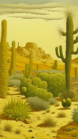 A yellow desert with cactuses painted by Qiu Ying