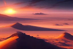 sunrise, distant city, sand, arid land, epic, sci-fi