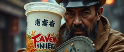 close up portrait of a blody ramen bucket that looks like a chain saw wielded by serious angry law man, in china