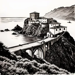 monastère San Juan de Gaztelugatxe ink art noir et blanc