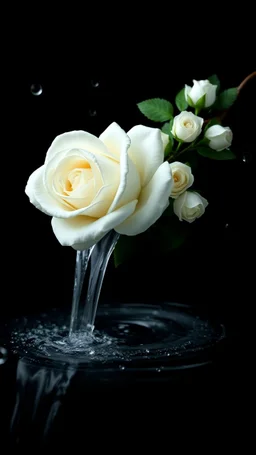 The image is a digital artwork that depicts a bouquet of white rose with aThe rose floats on the surface of the small water fall creating a wave-like effect. The background is black, which makes a branch of a tree of white roses stand out even more. Water droplets are scattered adding to the dreamy, ethereal quality of the image. The a