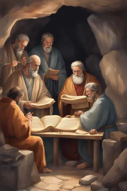 Several Christian priests of the 1st century AD are sitting in a cave and actively arguing and gesticulating, each holding a scroll of Ancient Scripture, many ancient scrolls are lying on a wooden table in front of them, everything is written in watercolor in high resolution, in 8k.