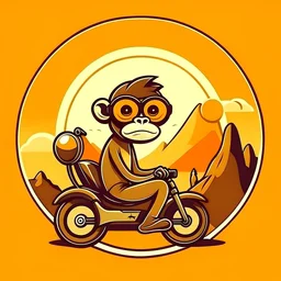 Monkey riding a scooter with sunglasses and a big smile, have a mountain sunset on the background, make a round logo, make the color brown