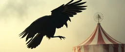 crow man simulacra acrobatic dodge, circus, dream fog