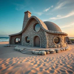 Ultra realistic photo ofA magical beautiful house on the beach, made of stone and with circular windows, with sand and the sea around, enchant colors, design, practicality,manufacturability,performance, HOF, full size, (((realism, realphoto, photography, professional photographer, captured with professional DSLR camera, 64k,