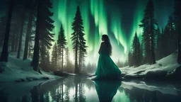 double exposure of Nature's elegance sculpted in siberian forest at night,taiga,fir trees,aurora,creek, and pretty woman's face,volumetric lighting, Dramatic scene,