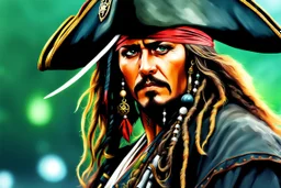 Jack Sparrow in 8k anime realistic drawing style, pirate custom, close picture, rain, neon, intricate details, highly detailed, high details, detailed portrait, masterpiece,ultra detailed, ultra quality