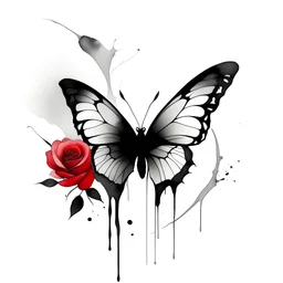 Craft an illustration intricately blending the modern minimalist ink art style of Li Huasheng. Depict a butterfly on a rose silhouette with clean lines, capturing simplicity, charm, and the beauty of nature. Style tag: Modern Minimalist Ink Art. , conceptual art, illustration
