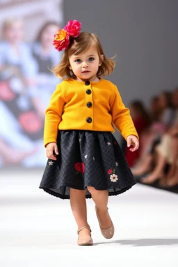2 years old german baby girl with clothing like fashion model with pretty high heels in runway with flowers
