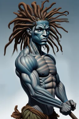 A young male water genasi with deep blue skin color, waterlike dreads on head. Shaolin monk with long stick weapon,