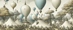 A pale bluish white medieval fair with balloons designed in Maori sculptures painted by Utagawa Hiroshige