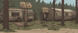 Lodge, administrative, overgrown, post-apocalyptic, comic book, camp site signs, cinematic