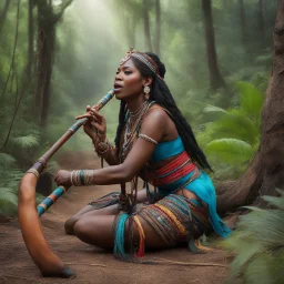Ta-qua-cha-ha-neh [colourful realistic 8k photo] With grace the youthful tribal woman in agent provocateur began to play a haunting melody on the long and hard didjeridoo, like if she is mating with the didgeridoo, her breath weaving through the instrument with charm. The nature came alive with a newfound energy, as she closed her eyes, a primal urge stirred within her, awakening desires and her ecstasy