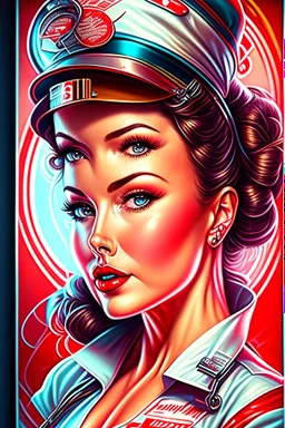 Retro-futuristic intricately drawn nurse Pin up Poster, detailed face. Beautiful woman. in the style of Full body hiphop streetwear drip highly detailed, hyperdetailed painting, complex, 8K, HD