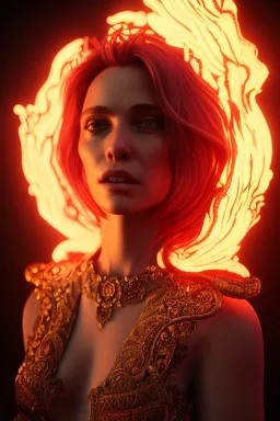 portrait of samantha prince set in fire, cinematic lighting, photorealistic, ornate, intricate, realistic, detailed, volumetric light and shadow, hyper HD, octane render, unreal engine 5 insanely detailed and intricate, hypermaximalist, elegant, ornate, hyper-realistic, super detailed --v 4