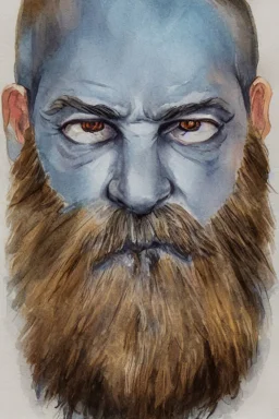 portrait, watercolour, realistic, illustration, dnd, fantasy, dwarf, beard, square face, ghost, ethereal, blue skin, glowy skin, see-through