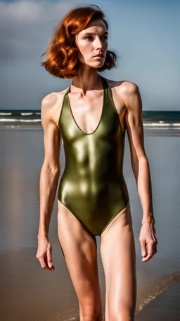 beautiful anorexic woman, full body shot, short shiny olive triathlon swimsuit, medium length wavy bob haircut, photographed on the beach, raw, red hair, healthy