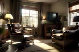 Photorealistic wide shot of an old woman's living room. Tidy and sparsely furnished with a well-loved leather recliner, sidetable and older tv. The recliner faces the tv. A small stool on wheels sits beside the tv. There is an open window with open drapes. The drapes appear to be hand sewn and tidy.