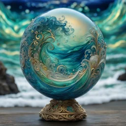 A translucent navy blue and glass platinum sphere filled with swirly ocean waves, inside a old village, flowy swirls, golden lines, 3D, alcohol ink effects, sprinkle glitter, pearls, beads.standing in front of a big wavy ocean in blue and green colors. fantastical, intricate detail, complementary colors, fantasy concept art,