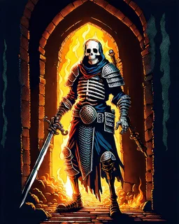 A frightening castle dungeon hallway with a skeleton warrior in rusty chainmail holding a burning torch painterly rpg art