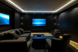 a dedicated home cinema room with LED ambient lighting in the walls