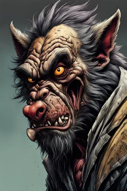 highly detailed full color, caricature concept illustration of a sad, destitute skid row Werewolf character , maximalist, sharp focus, highest resolution, in the styles of Ralph Steadman, Brom, Denis Forkas , and Masahiro Ito, boldly inked, 8k, coarse, gritty textures