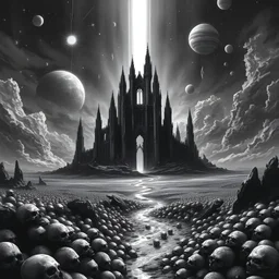 A detailed, black and white digital painting of a desolate, otherworldly landscape. In the center of the image is a colossal,ruins of castle, its towers piercing the dark sky. The castle is surrounded by a vast, skull-filled plain, with a river of darkness flowing towards it. The sky is filled with countless stars and planets, and a beam of light shines down from above, illuminating the scene.