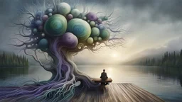 back to the camera on a old bench a figure sittings in a beautiful landscape and overlooking the water of the nearby lake, calm, harmonious atmosphere, muted dark colors, purple, white, gray, green, blue, brown, silver, and pale colors, ,not too colorful colors, Whimsical style and giant stunning neuron network all over the sky, half shadow and half light picture, surreal stunning vibe