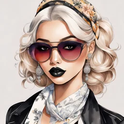watercolor illustration of a girl, girl in the style of chicana, beige hair with bandana, black lips, decadent beauty, dollcore, blink-and-you-miss-it detai, wearing suits, airjordan, sunglasses, japanese 70s anime, whimsical doodles, loose brushwork, clean white background --niji