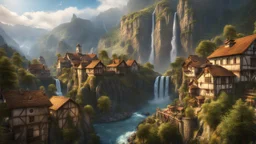 a small medieval town at the foot of multiple waterfalls. a steep, narrow, tall cliff valley. a masterpiece, fantasy concept art, dynamic lighting, hyperdetailed, intricately detailed, deep color, Unreal Engine, volumetric lighting, Epic cinematic brilliant stunning intricate meticulously detailed dramatic atmospheric maximalist digital matte painting