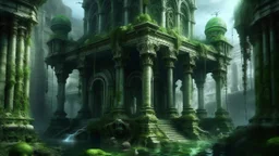 Abandoned mansion rising from contaminated rock, alien fungi covering classical columns, stagnant pool with bubbling mercurial liquid, garden statues melting from pollution, windows oozing greenish goo, architectural structure fusing with toxic crystals, Lovecraftian biomechanical style