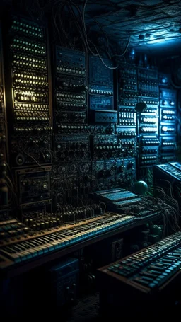 Si-Fi, The permanent under atmospheric lighting effects, a whole wall filled with synthesizers and electronic devises . intricate historical moody atmosphere, eerie grimdark ambiance, complex motherboard accents, speculative fiction art. Bokeh