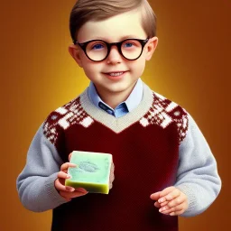 Peter billingsley chubby kid Tortoise-shell glasses, Holding a ((burgundy soap bar)) in his hand, brown argyle sweater