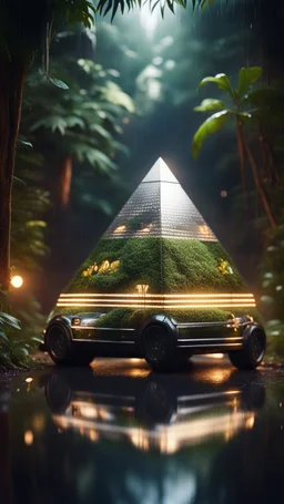 a car shaped like a pyramid in dark lit reflective wet jungle metallic hall dome hotel tunnel, in the style of a game,bokeh like f/0.8, tilt-shift lens 8k, high detail, smooth render, down-light, unreal engine, prize winning