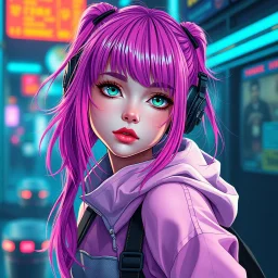 a pretty cyberpunk girl, bright coloured hair, storyteller and dreamer, young, futuristic, dystopia