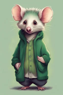 Green opossum wearing cardigan cute art