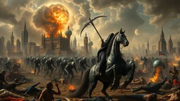 A chaotic cyberpunk interpretation of Bruegel's "The Triumph of Death", capturing the metaphorical harvest of humanity. A vast, dystopian metropolis under a toxic smog sky, where cybernetic grim reapers are executing a digital and physical harvest. Many of humans and transhuman citizens killed are overwhelmed by an army of cyber skeletal warrior androids, fight with humans, panicking people, bodies lying on the ground. In the foreground a cyber-death warrior in black hood on mecha-horse